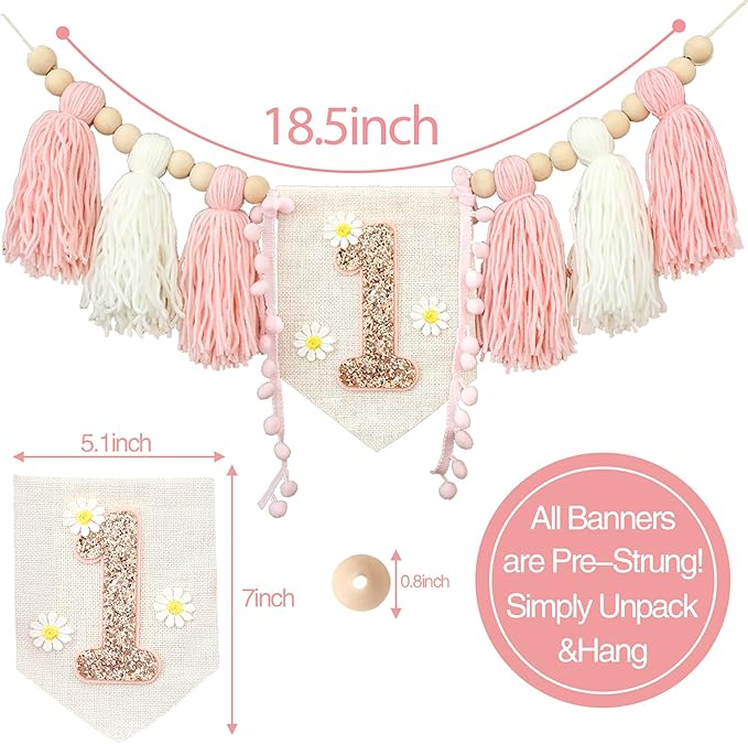 Daisy 1st Highchair Wood Bead Tassel Garland Crown Hat Wooden Cake Topper Birthday Baby Shower Decorations