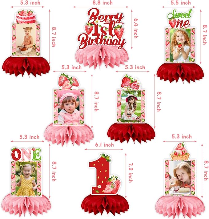 Strawberry Birthday Decorations, Strawberry Sweet One Party Decorations Honeycomb Centerpiece for Table, Strawberry Baby Birthday Decorations Girl Photo Table Centerpiece Party Supplies