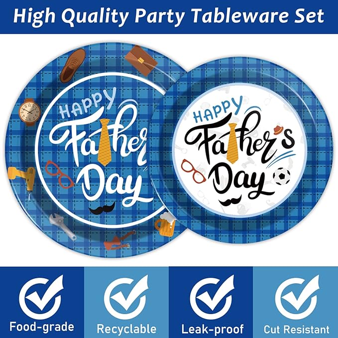 Wiooffen 96 Pieces Happy Father's Day Party Decorations Fathers Day Plates And Napkins Tableware Set Blue Fathers Day Celebration Supplies Best Dad Party Decorations Serve 24 Guests