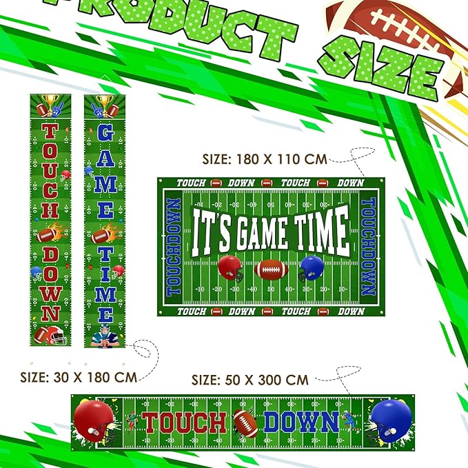 Ctosree 4 Pcs Football Backdrop Banner Decoration Football Party Supplies It's Game Time Touch Down Wall Door Sign Decor for Sport Game Birthday Party Favors
