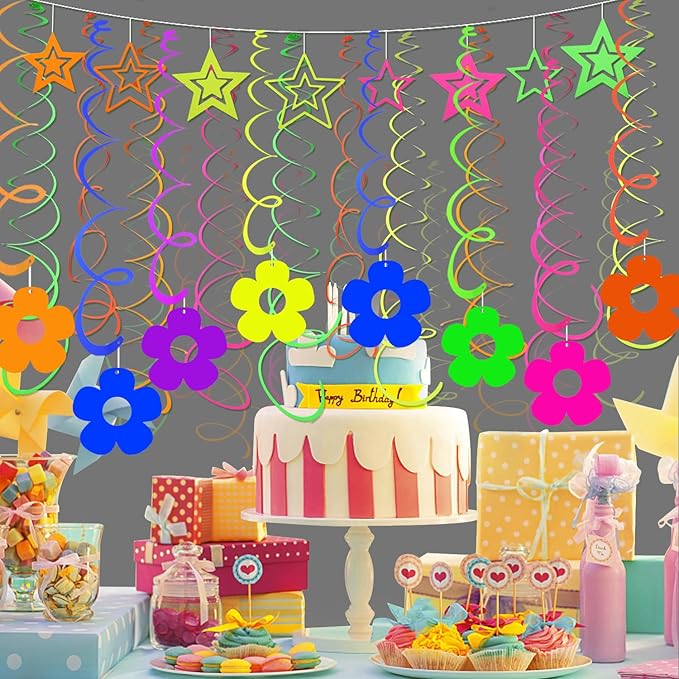 56 Pcs Hollow Flowers Hanging Swirls Decorations Neon Streamer for Ceiling Flower Neon Garlands Glow Party Supplies Decoration UV Black Light Neon Party Swirling Decorations for Dark Birthday Favors
