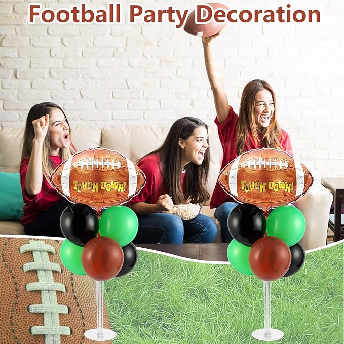 Football Party Balloons Stand Kit 2 Sets with 2 Rugby Ball Foil Balloons Football Themed Party Balloon Centerpiece for Tables for Game Sports Graduation Birthday Footballs Themed Decorations
