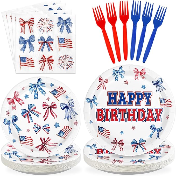 96Pcs Red White and Blue Birthday Decorations Patriotic Plates and Napkins Disposable Blue and Red Bows Decor Paper Tableware for Girls Happy Birthday Presidents Day Party Supplies Serves 24