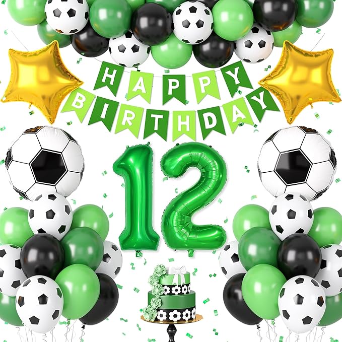 Soccer Birthday Party Decorations for Boys, 12th Soccer Birthday Decoration with Green Black White Balloons 'HAPPY BIRTHDAY' Banner Cake Toppers 32in Foil 12 Balloon for Boys Sports Party Decor