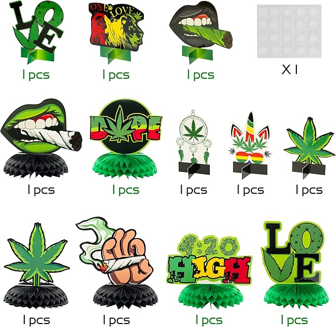 OSNIE 12Pcs Weed Themed Honeycomb Centerpieces Table Toppers Smoking Marijuana Green Pot Leaves Cannabis Stoner 420 Have a Dope Birthday Party Decorations Supplies Photo Booth Props for Adults