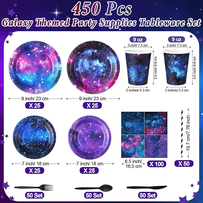 450 Pcs Space Galaxy Tableware Set Decorations, Starry Sky Paper Plates Napkins Cups Cutlery Straws for Outer Space Theme Birthday Baby Shower Party Supplies, Serves 50