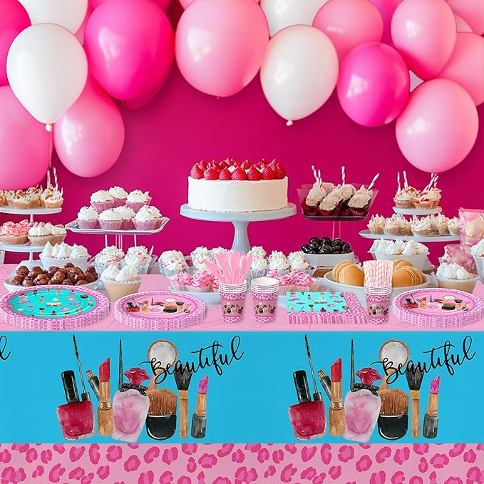 Spa Party Decorations Tableware For Girls, Spa Day Makeup Birthday Party Supplies, Paper Plate, Napkin, Tablecloth, Disposable Fork | Serves 24