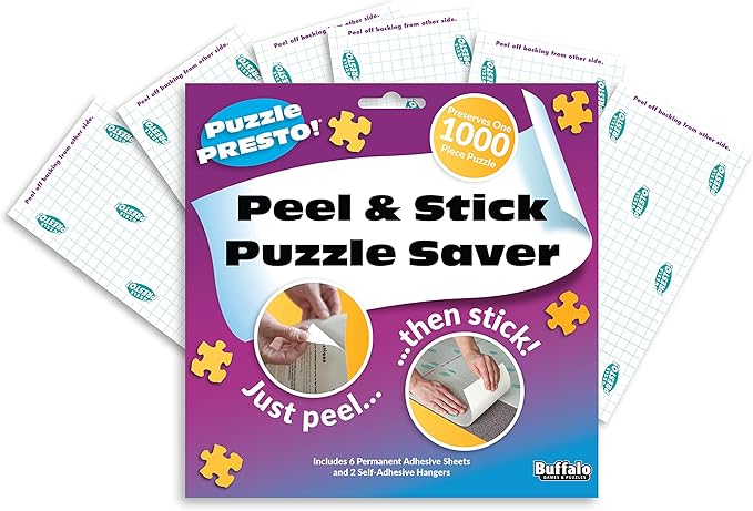 Puzzle Presto Peel & Stick Saver: The Original and Still the Best Way to Preserve Your Finished Puzzle! - 6 Adhesive Sheets and 2 Adhesive Hangers