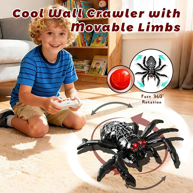 Wall Climbing Remote Control Spider, Rechargeable RC Wall Crawler Spider Robot with High Speed & 360° Rotation, Funny Prank Toys Gifts for Boys & Girls Age 3+ (Black)