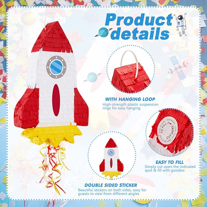 Space Piñatas for Birthday Party Rocket Piñata with Stick, Blindfold, Confetti for Adults Birthday Baby Shower Party Supplies