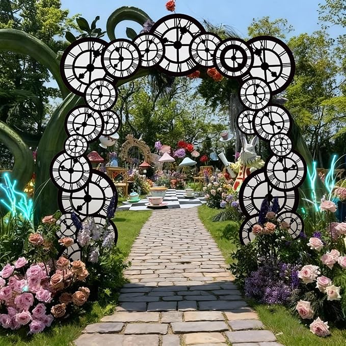 Preboun Wonderland Tea Party Decoration 6.56 x 4.9 ft Clock Door Banner Wonderland Garland Photo Props Background for Birthday Baby Shower Tea Party Supplies