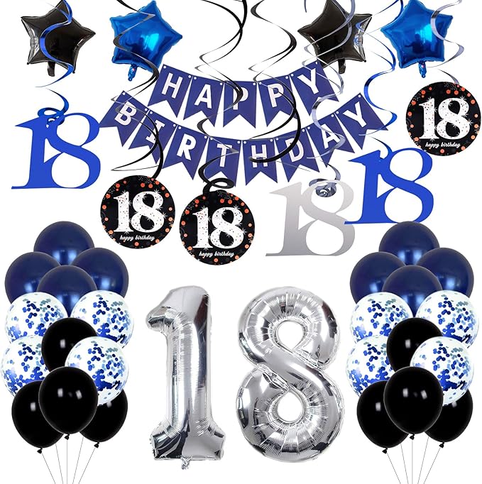 18th Birthday Decorations for Boys and Girls Dark Blue, HAPPY BIRTHDAY Banner Silver Number 18 Balloons, Deep Blue Theme Party for Him - 18 Years Old Birthday Party Supplies Kit for Her