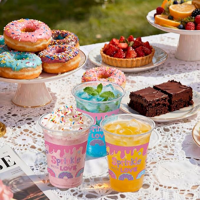 Qinyoung 50 Pcs 16 oz Pink Donut Sprinkle Cups for Donut Baby Shower Decorations Baby Shower Cups Plastic Disposable Drinking Birthday Party Supplies