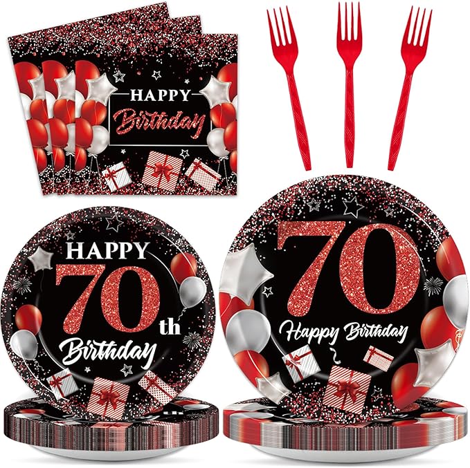 gisgfim 96 Pcs 70th Birthday Plates and Napkins Party Supplies 70 Years Old Party Tableware Set Red Black Dinner Dessert Plates 70th Birthday Decorations Favors for Man Women for 24 Guests