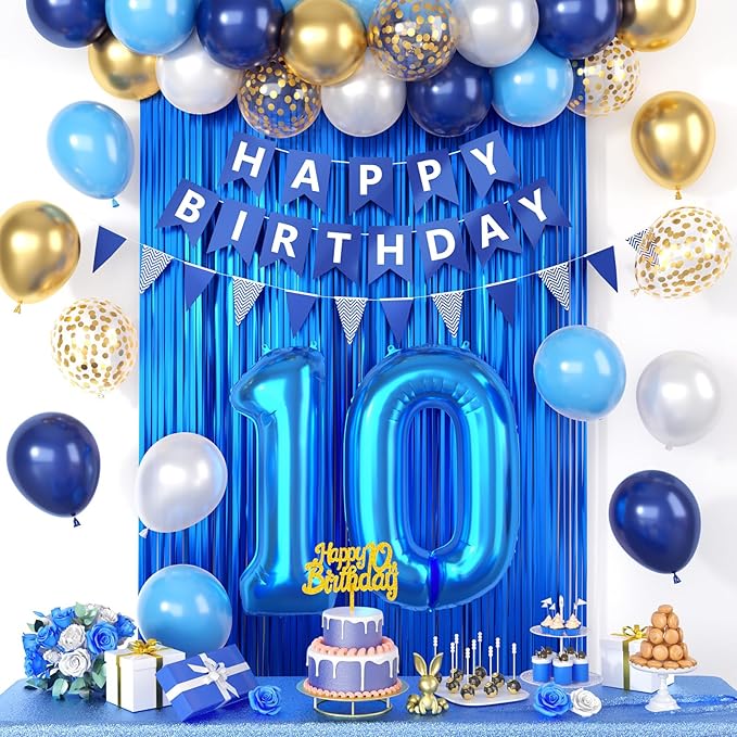 10th Birthday Decorations, Dark Happy Birthday Party Decorations With Number 10 Balloons Metallic Gold Pearl White Light Blue Fringe Curtain Banner Cake Topper For Boy Girl Party Supplies
