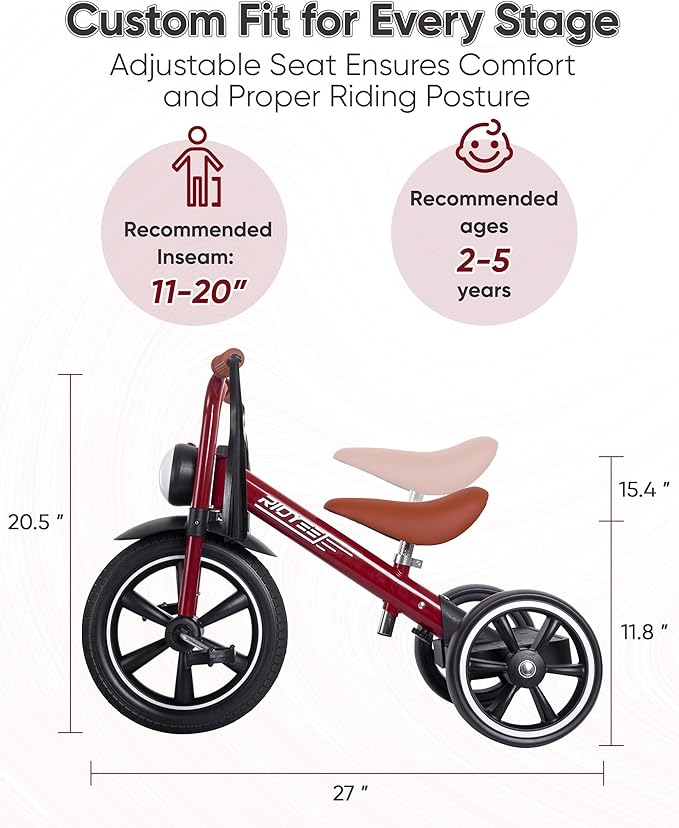 Toddler Tricycle for 2 to 5 Years, Tricycle for 3 Years with Front Light, Rubber Front Wheel, Soft Handlebar with Streamers, Adjustable Seat, Red