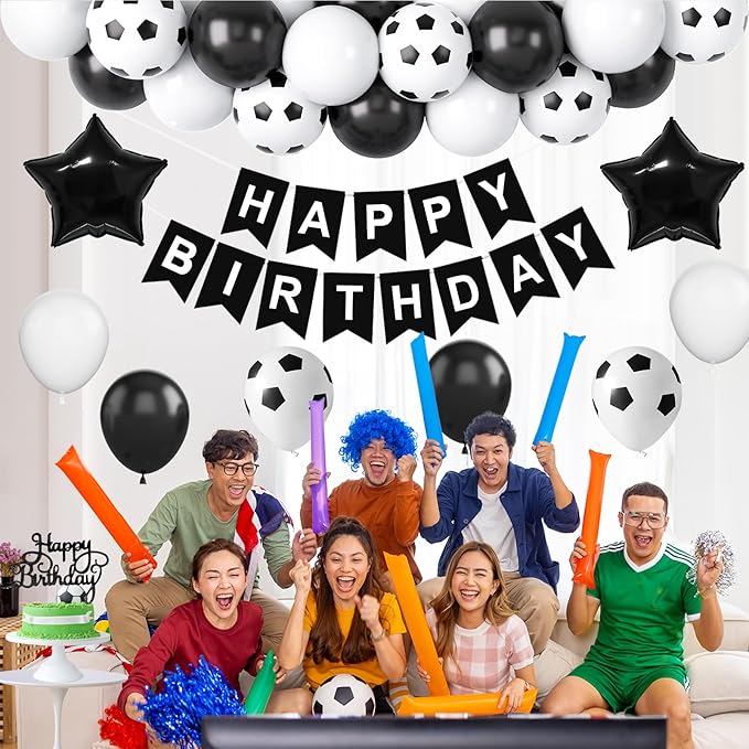 Soccer Birthday Party Decorations for Boys, Soccer Party Decoration with Black White Balloons Happy Birthday Banner Cake Toppers 18in Foil Balloon for Boys Men Girls Women Party Decor