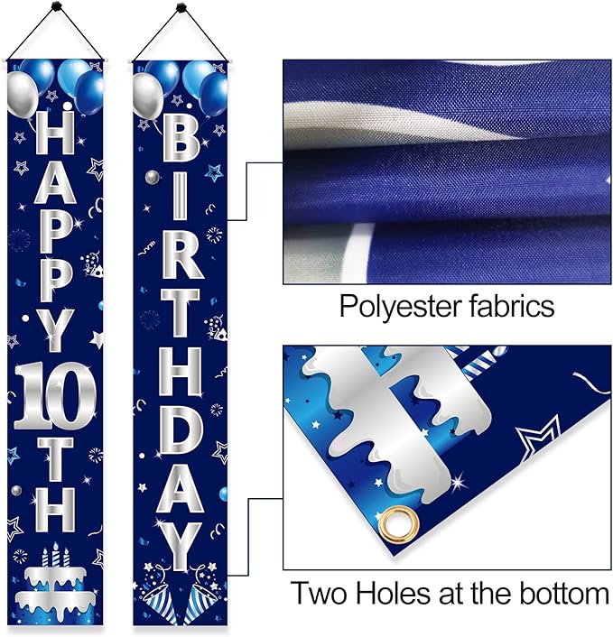 Blue Silver 10th Birthday Door Banner Decorations, Happy 10 Birthday Party Porch Banner Supplies for Boys, Sweet 10 Year Old Birthday Party Supplies