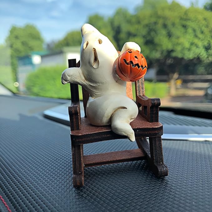 Funny White Pumpkin Ghost on Rocking Chair Statues Figures Ornaments for Car Dashboard Decorations Accessories Interior Dash Board Charms Birthday Cake Toppers Decoration Desk Decor