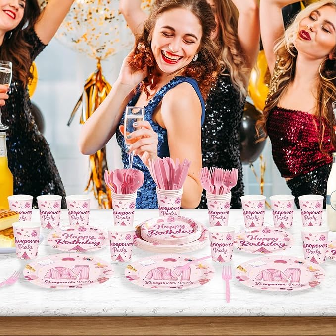 168Pcs Pink Sleepover Party Supplies for Girls Pajama Birthday Plates Napkins Cups Forks Knives Spoons Hot Pink Slumber Party Paper Tableware for Girls Night Birthday Slumber Party Supplies Serves 24