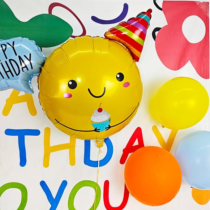 Cute Smiling Foil Balloon Sunshine Smiley Face Party Decorations Happy Birthday Message Bubble Decoration Gift Hat Holding Cake Birthday Party Background Layout Decoration Baby Shower Supplies