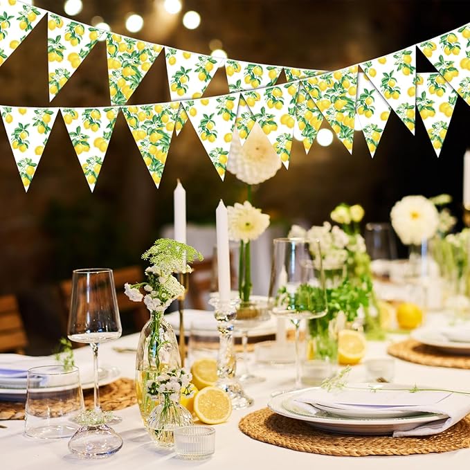 HESTYA 5 Pcs 49 Ft Lemon Party Decorations Yellow Floral Lemon Banner Pre-Assembled Summer Lemonade Triangle Flag Bunting Garland for Wedding Bridal Shower Birthday Baby Shower Party Supplies
