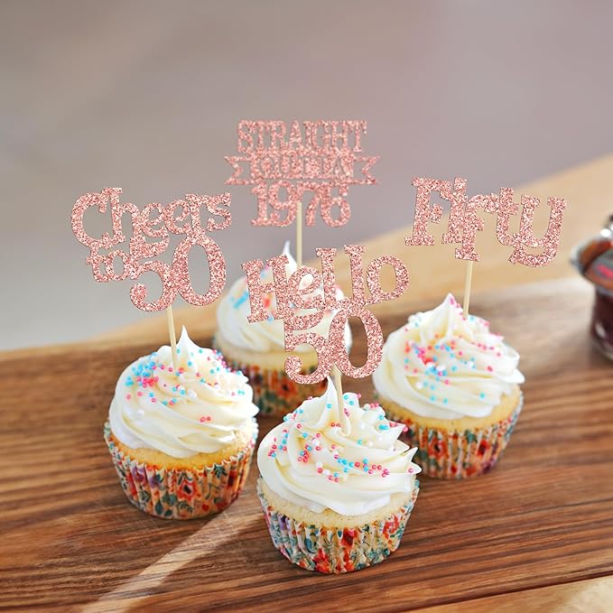 Ephlyn 24Pcs Happy 50th Birthday Cupcake Toppers Glitter Straight Outta 1976 Cupcake Picks Hello 50 Cheers to 50 Years Birthday Cake Decorations for 50th Birthday Anniversary Party Supplies Rose Gold