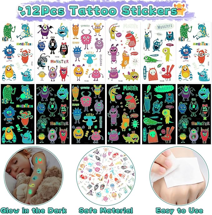98Pcs Monster Party Favors Birthday Supplies for Kids, Drinking Straw Keychain Slap Bracelet Glow Tattoo Sticker Cartoon Sticker, Goodie Bag Stuffer Filler Girls Boys Monster Party Supplies Decor