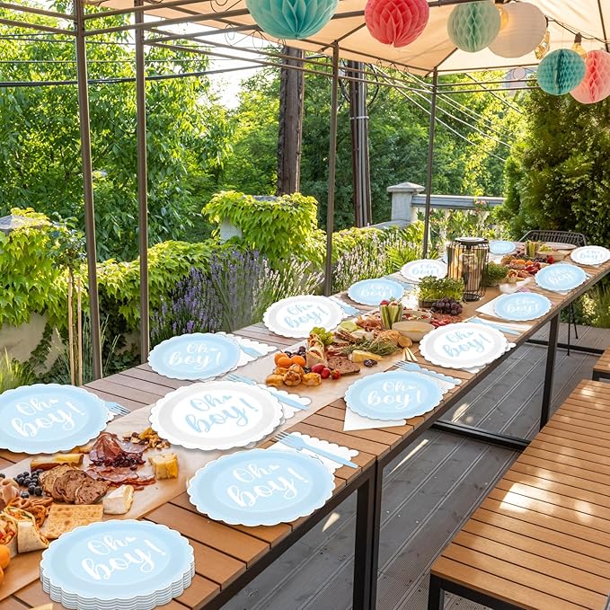 96PCS Oh Boy Baby Shower Decorations Blue Foil Scalloped Paper Plates Napkins Oh Boy Tableware Party Supplies Blue Baby Shower Dinnerware for Gender Reveal Birthday Welcome Party Favors