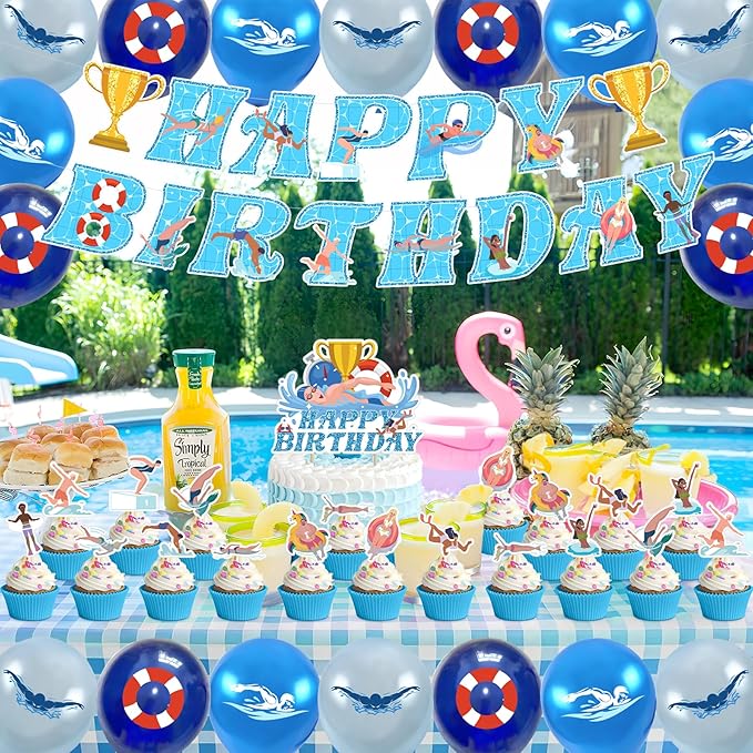 Swimming Birthday Party Supplies Swimming Party Decorations Include HAPPY BIRTHDAY Banner Balloons Cake Topper Cupcake Toppers Swimming Birthday Party Decorations