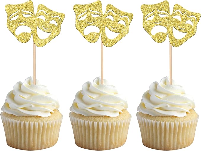 24 PCS Theatrical Mask Cupcake Toppers Gold Glitter Comedy Movie Night Cupcake Picks Film Festival Theme Birthday Party Cake Decorations Supplies