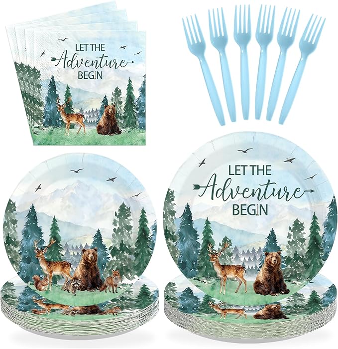 96Pcs Let The Adventure Begin Party Decorations Camping Adventure Birthday Plates and Napkins Green Mountain Wilderness Woodland Animals Decorations for Boys Girls Birthday Party Supplies Serves 24