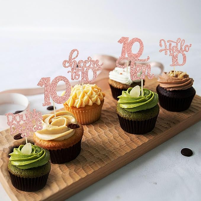 30Pcs 10th Birthday Cupcake Toppers Ten Double Hello 10 Cupcake Picks Cheers to 10 Years Old Cake Decorations for 10th Birthday Party Supplies Rose Gold Glitter