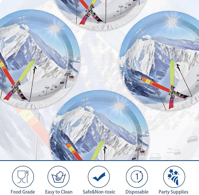 50Pcs Winter Ski Paper Plates 9 Inch Heavy Duty Disposable Skiing Snowy Mountain Dessert Plates Winter Mountain Ski Sport Adventure Decorations for Boys Girls Skier Birthday Holiday Party Supplies