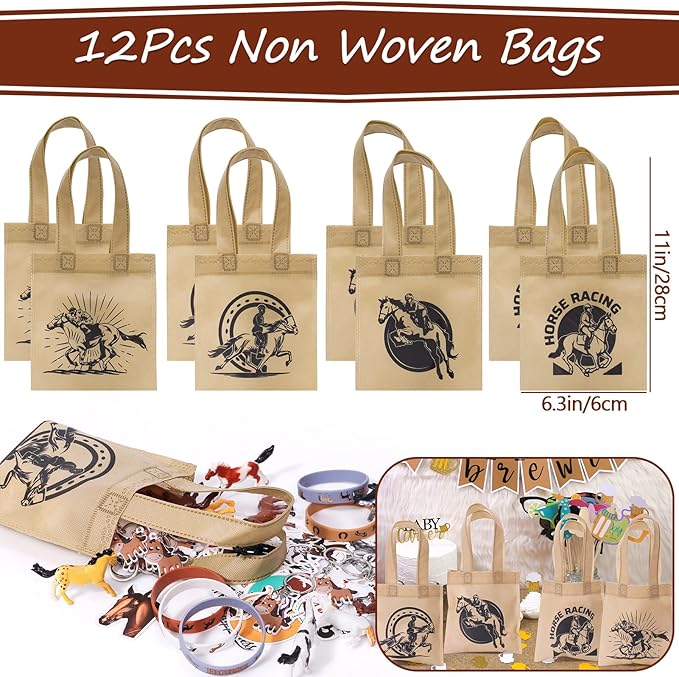 Winrayk 110Pcs Horse Birthday Party Favors Supplies, Non-Woven Gift Bags Mini Figurines Make Your Own Stickers, Gifts Toys Kids Western Cowboy Cowgirl Farm Animals Horse Birthday Party Supplies Decor