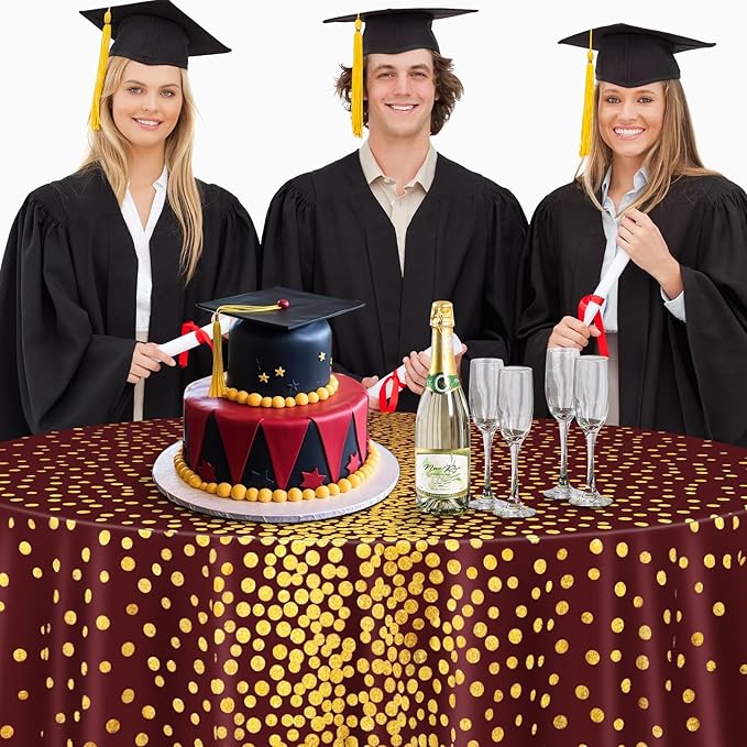 VitalCozy Round Dot Tablecloth 84 Inch Plastic Table Cover Polka Dot Confetti Tablecloths for Easter 2026 Graduation Prom Wedding Birthday Spring Party Supplies(Maroon and Gold,3 Pcs)