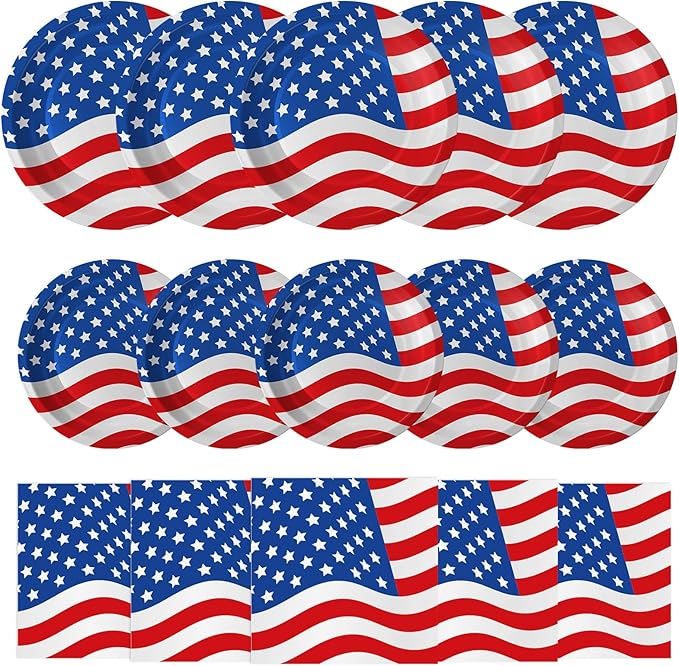 4th of July Plates and Napkins Sets - Patriotic American Flag Party Supplies Tableware, July 4th Disposable Paper Plates Napkins Set for Memorial Day, Independence Day Decorations Table Decor,Serve 50