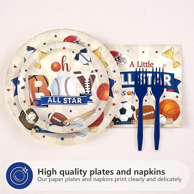 96Pcs Sports Baby Shower Party Supplies A Little All Star is On His Way Plates and Napkins Basketball Football Baseball Soccer Tableware Set for Boy Baby Shower Sports Supplies, Serves 24