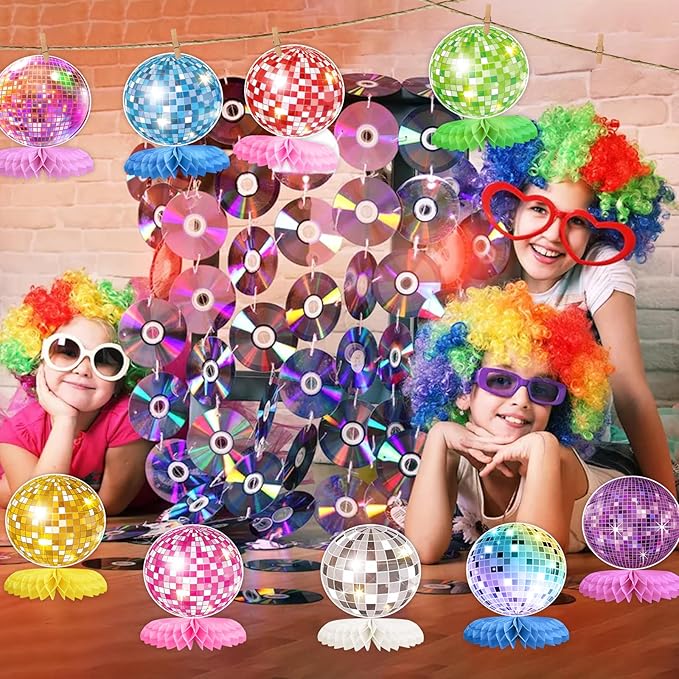 9PCS Disco Honeycomb Centerpieces Disco Ball Party Decorations Colorful Rock and Roll Party Table Centerpieces 50s 70s 80s 90s Disco Music Theme Birthday Party Supplies Decor