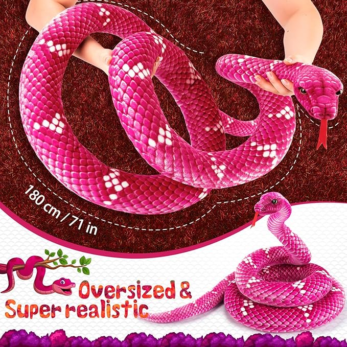 Snake Plush, Stuffed Snake Animal, 71 in Large Toy Snakes for Kids, Lifelike Giant Stuffed Animals for Birthday Present Party Prank Prop (Pink)