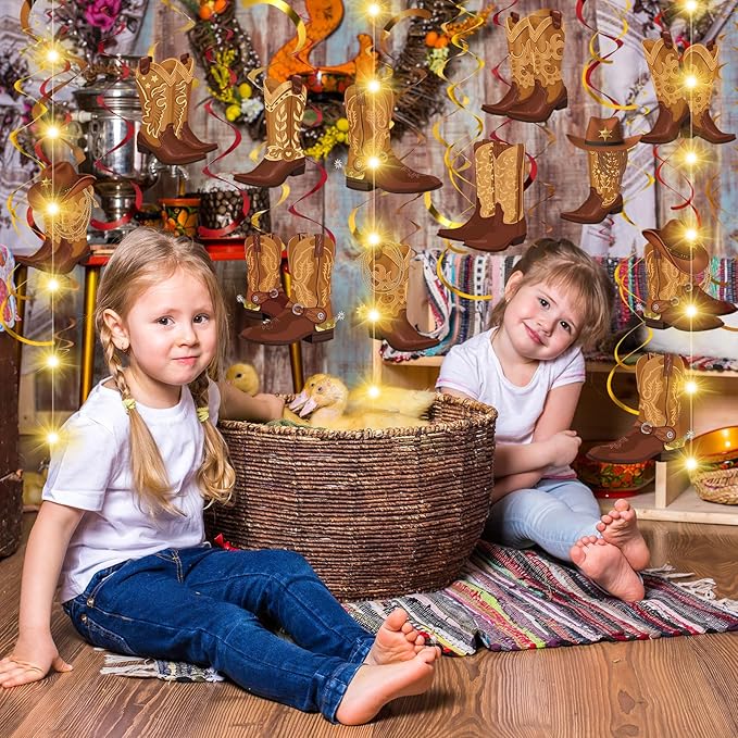 Capoda 57 Pcs Western Cowboy Party Decorations Cowboy Boot Hanging Swirl Decorations with Led Lights West Boot Banner Ceiling Streamers for Wild West Themed Birthday Party Supplies Decor