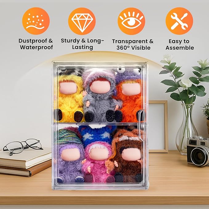 2 Pack Acrylic Display Case Compatible with Labubu POP MART, Clear Hobby Figure Display Case with Magnetic Door Stackable Storage Box Shelf Showcase for Funko Pop MART Labubu Doll Collectibles, Large