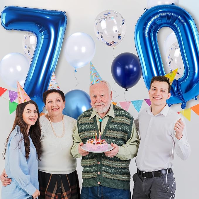 Giant Number Foil Balloon 70, Dark Blue Self Inflating 70th Birthday Balloon for Men, 40'' 70 Balloon Light Navy Blue with Metallic Silver Confetti Balloon for Anniversary Party Decorations Supplies
