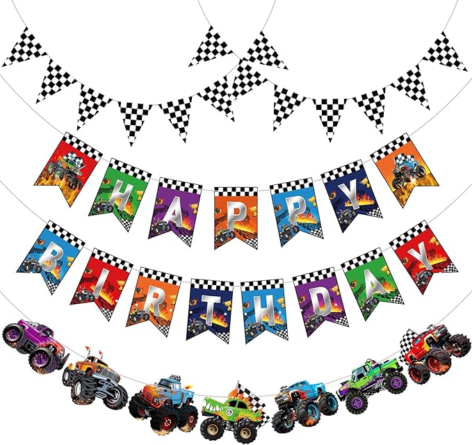 Pasimy 4 Pcs Truck Birthday Banner Cars Monster Truck Themed Garland Black and White Checkered Flags Pennants Green Purple Happy Birthday Bunting Racing Car Theme Party Decorations Supplies