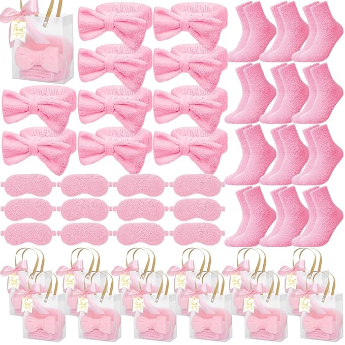 48 Pcs Spa Sleepover Party Supplies 12 Bow Headband 12 Plush Sleep Eye Mask Covers 12 Pair Fuzzy Sock 12 Gift Bags for Sleeping Sleepover Slumber Baby Shower Wedding Party Gift(Pink)