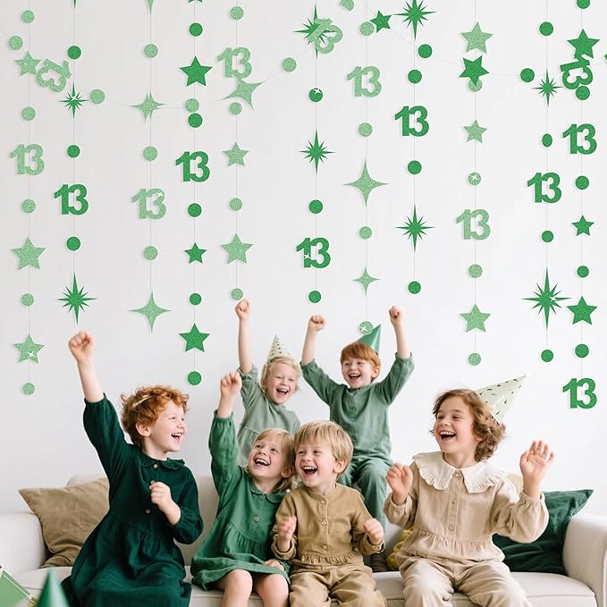 Green 13th Birthday Decorations Number 13 Circle Dot Star Garland Glitter Streamer Banner Backdrop for Girls Boys Official Teenager Cheers to 13 Years Old Birthday 13th Anniversary Party Supplies