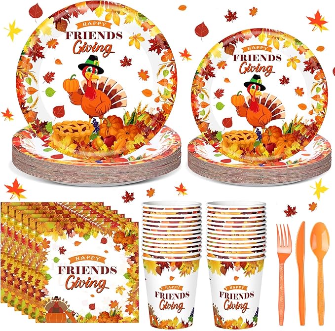 168 Pcs Thanksgiving Party Supplies Disoposable Friendsgiving Tableware Set Turkey Paper Plates and Pumpkin Leaf Cups and Napkins for Fall Thanksgiving Friendsgiving Party Decorations
