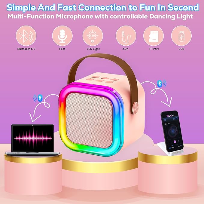 Mini Karaoke Machine KTV Machine for Kids Mini Karaoke Machine with 2 Wireless Microphones,Karaoke Machine for Kids High Sound Quality Kids Karaoke Machine with Easy Connectivity (Pink - 2 Mics)