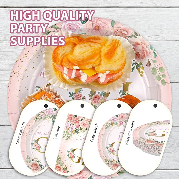 96 Pcs Baby in Bloom Baby Shower Decorations Disposable Its a Girl Paper Plates and Napkins Spring Pink Floral Tableware Set for Girls Baby Birthday Party Gender Reveal Supplies Serve 24