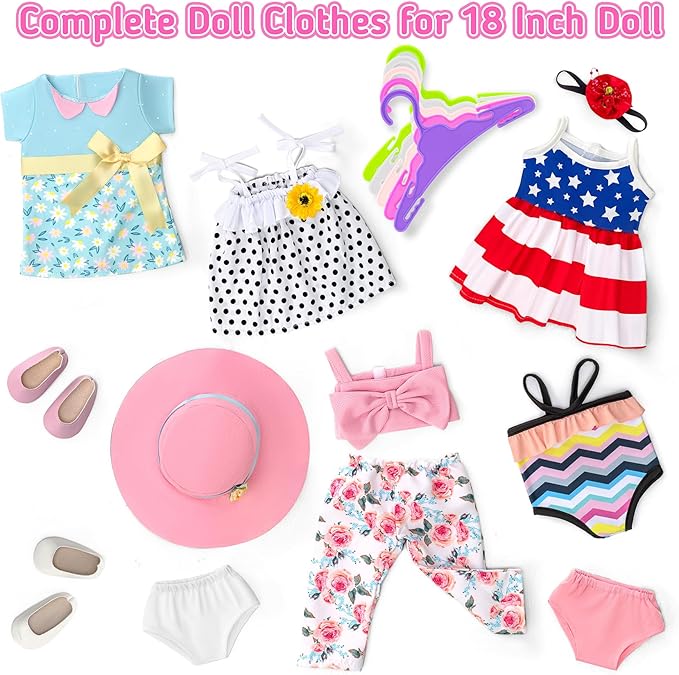 18 inch Doll Clothes and Accessories for American 18 Inch Dolls Girl Clothing Gift, 17Pcs Complete Set Clothing with Outfits, Dress, Shoes, Swimsuit, Underwear, Hat, Headband, Clothes Hangers